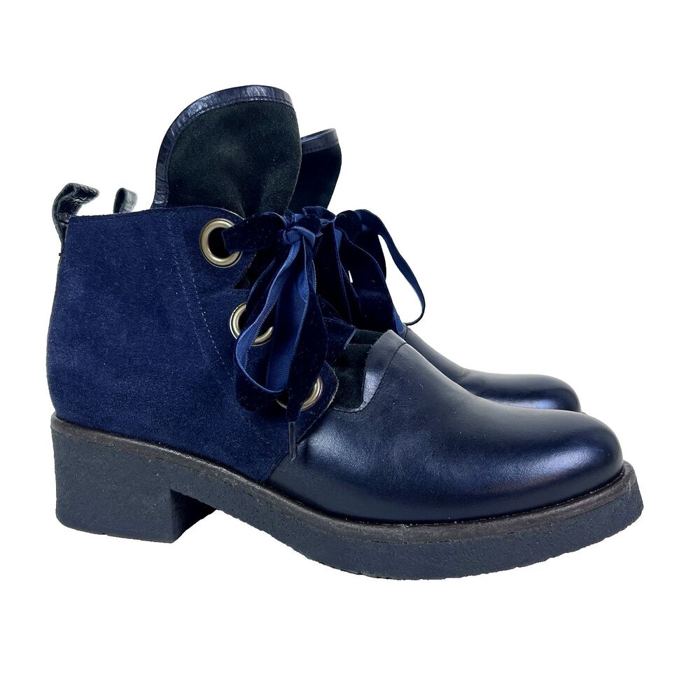 Casta Handmade Ankle Booties Navy Suede Velvet Laces Inner Zipper Sz EU 38